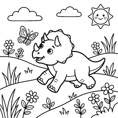 A baby dino chasing a butterfly across grassy hills