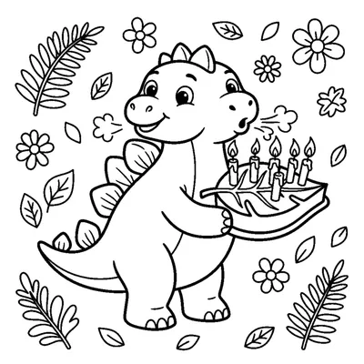 A cartoon dino blowing out candles on a leaf-shaped cake