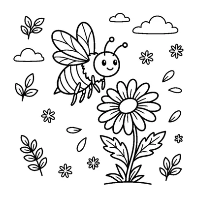 A cheerful honeybee hovering next to a daisy