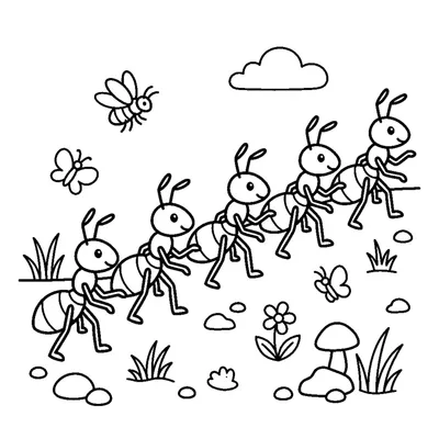 A line of ants marching in a row across the ground