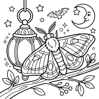 A moth with fuzzy wings resting near a round lantern