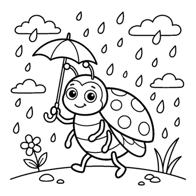 A ladybug holding a tiny umbrella under falling raindrops