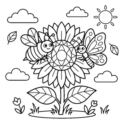 A bee and a butterfly sharing the same big sunflower