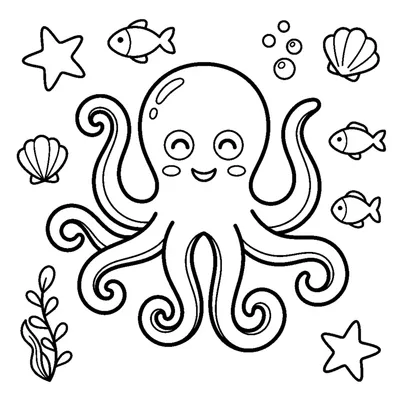 A cute octopus with eight curly arms waving hello