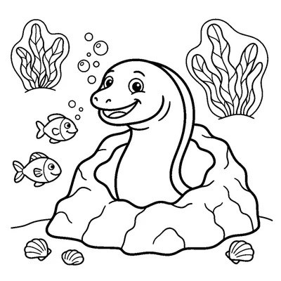 A smiling eel poking its head out from a rocky hole