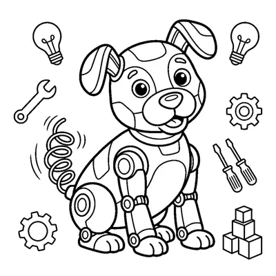 A cute robot dog sitting and wagging its spring-coil tail