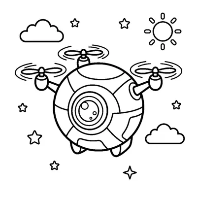 A small round flying drone robot with spinning propellers and a camera eye