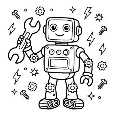A robot holding up a large wrench in one claw hand