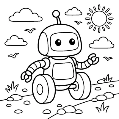 A tiny wheeled robot rolling along on two round wheels