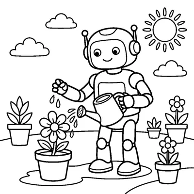 A gardener robot watering a flower with a small watering can
