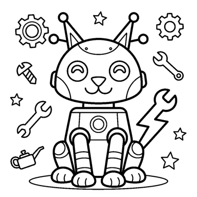 A robot cat with pointy antenna ears and a bolt-shaped tail