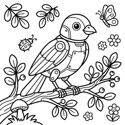 A robot bird with folding metal wings perched on a branch