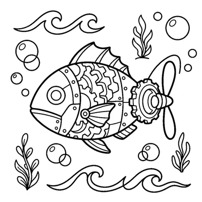 A robot fish with a propeller tail swimming among bubbles