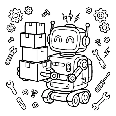 A double-armed helper robot carrying a stack of boxes