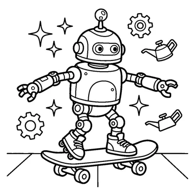A robot on a skateboard rolling with arms out for balance