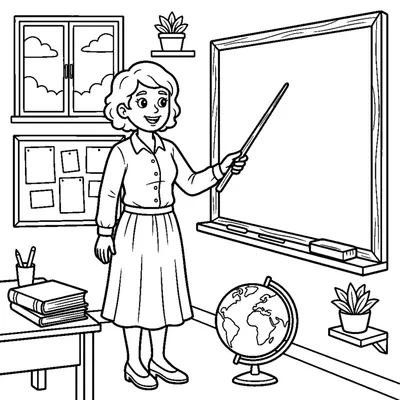 A teacher standing next to a blank chalkboard holding a pointer