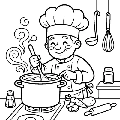 A cheerful chef in a tall hat stirring a big cooking pot