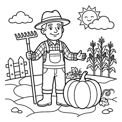 A farmer holding a rake standing beside a plump pumpkin