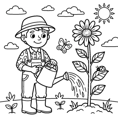 A gardener watering a tall flower with a spouted can