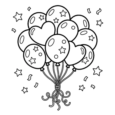 A bunch of round balloons tied together with curly strings