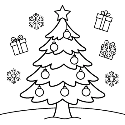 A decorated pine tree with round ornaments and a star on top