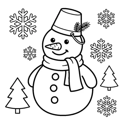 A round snowman with a scarf, buttons, and a bucket hat