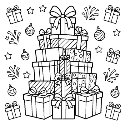 A tall stack of wrapped presents piled high