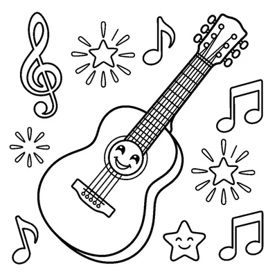 A smiling acoustic guitar with six strings and a sound hole