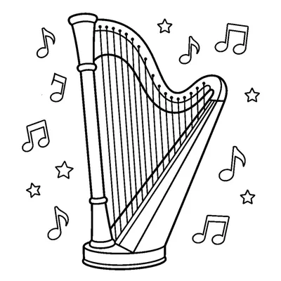 A tall harp with many straight strings across its frame