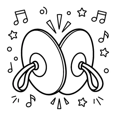 A pair of round cymbals crashing together with little sparkle marks