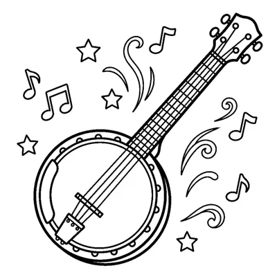 A banjo with a round drum-like body and long neck