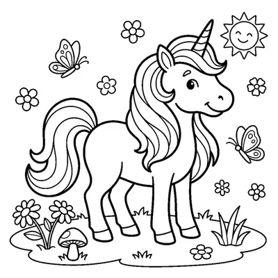 A cute unicorn with a flowing mane standing in a flower meadow