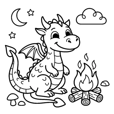A friendly smiling dragon with tiny wings sitting beside a small campfire