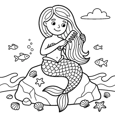A smiling mermaid sitting on a rock combing her long hair