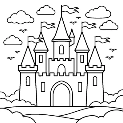 A tall fairy-tale castle with pointed towers and waving flags