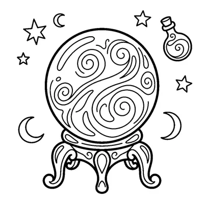 A round crystal ball on a stand glowing with swirls inside
