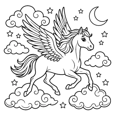 A pegasus with feathered wings galloping through clouds