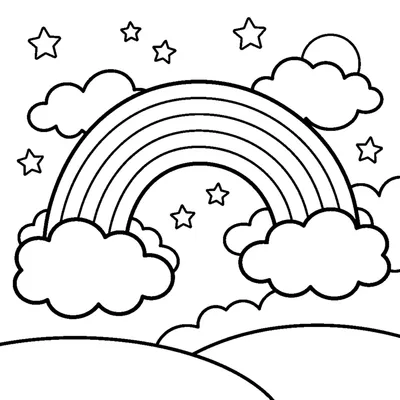 A big rainbow arching over fluffy clouds with scattered stars