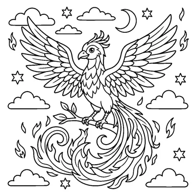 A phoenix bird with spread wings and a curly flame tail