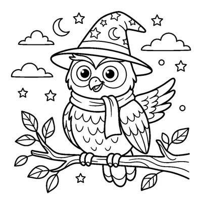 A wise owl wearing a wizard hat perched on a branch
