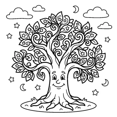 A magic tree with a face and swirling leaves full of stars