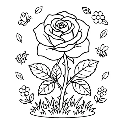 A blooming rose with layered petals and a leafy thorned stem in a small patch of grass