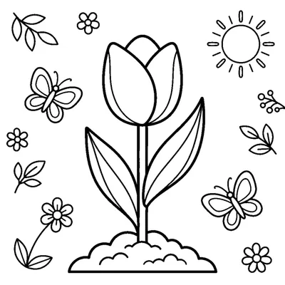 A cheerful tulip with a smooth cup-shaped bloom on a straight stem rising from soil