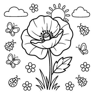 A poppy flower with round crinkled petals and a slender stem swaying in the grass