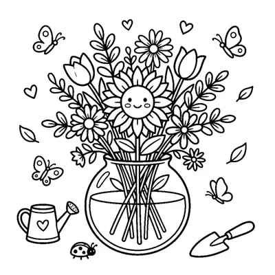 A full bouquet of mixed flowers arranged neatly inside a round vase