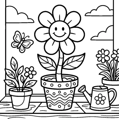 A single happy flower growing in a decorated flowerpot on a windowsill