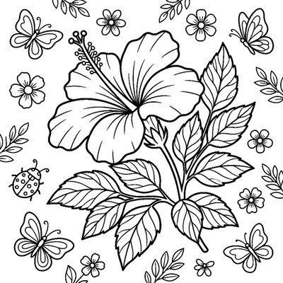 A hibiscus flower with wide flat petals and a long curved center stalk on a leafy branch