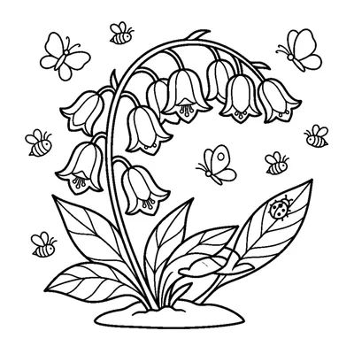 A cluster of bell-shaped bluebell flowers hanging from a curved arching stem