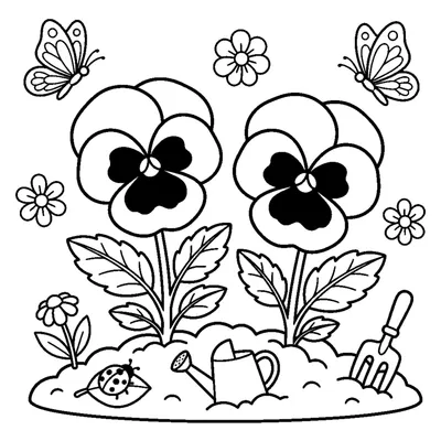 A pair of pansies with rounded overlapping petals side by side in a garden bed