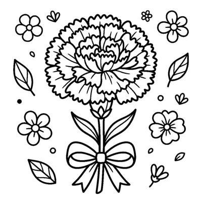 A carnation with ruffled frilly petals on a slim stem tied with a small ribbon bow